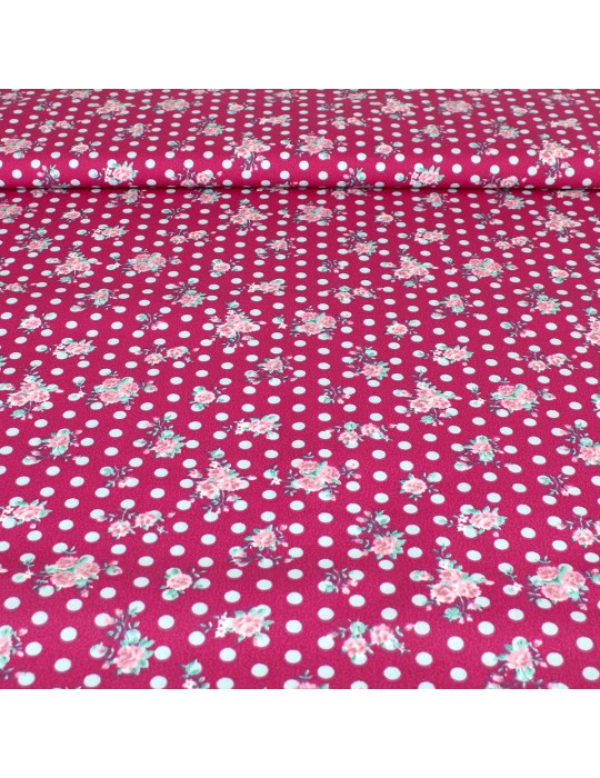Tissu cretonne polyester/coton fleurs et pois violet