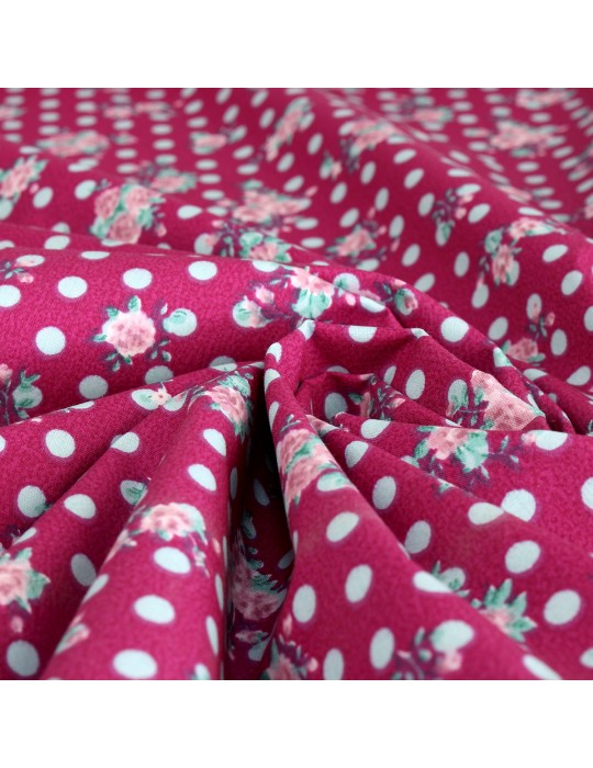 Tissu cretonne polyester/coton fleurs et pois violet