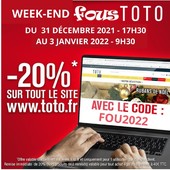 Nous finissons l'année en beauté avec ce dernier 💥💥Week-ends fous 💥💥💥
Vous avez été nombreux à nous le demander alors à vos claviers sur 31 décembre 17h30 à jusqu'au 3 janvier 9h30, 20% sur tout le site 😃 dès 40€ d'achat, c'est votre dernier week-end fou de l'année sur notre site www.toto.fr. 
Cette remise exceptionnelle est valable uniquement sur le site www.toto.fr avec le code FOU2022.👍

#tototissus #tototissu